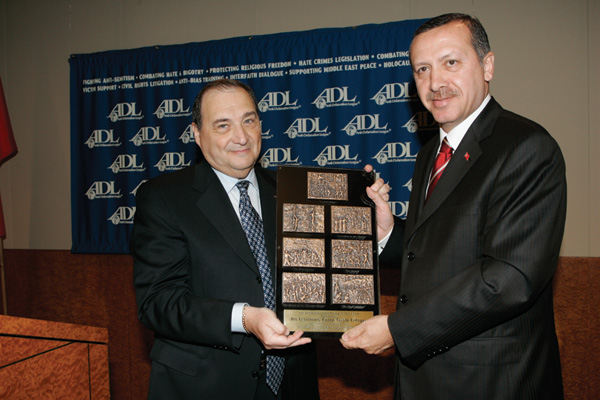 Turkey's PM Erdogan receives the ADL's 'Courage to Care' award from ADL National Director Abraham Foxman, ADL headquarters, New York, 10 June 2005